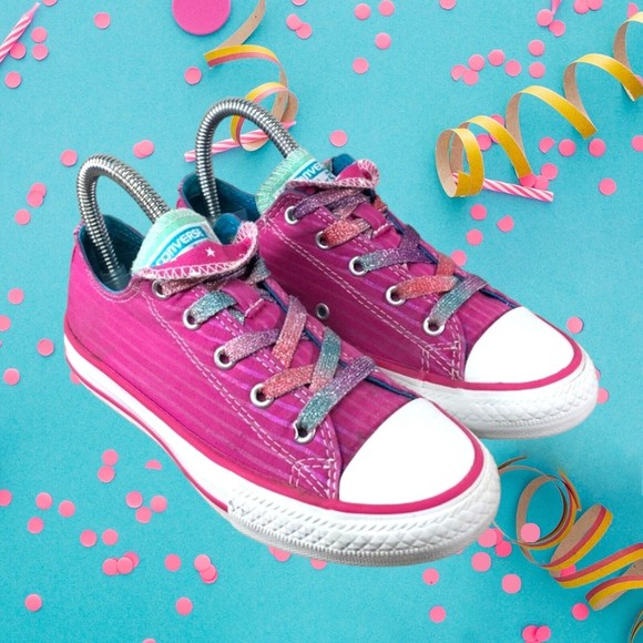 Converse Other - Converse All Star DOUBLE TONGUE Sneakers DARK PINK Shimmer STRIPE Girls Size 4